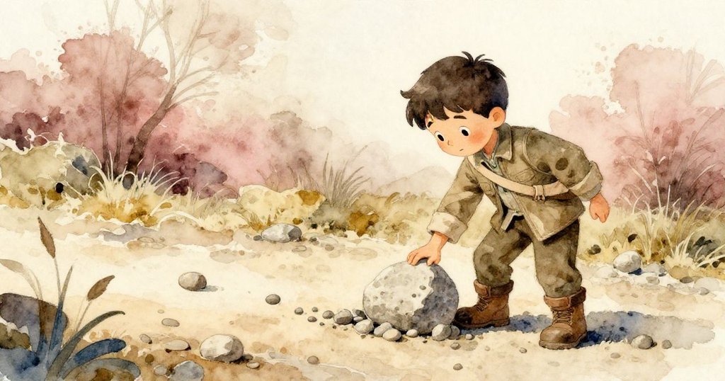 博里斯調整石箭指向茶屋方向，堅定邁步向前，身後小石子滑落延續故事，氣氛溫暖而富希望。