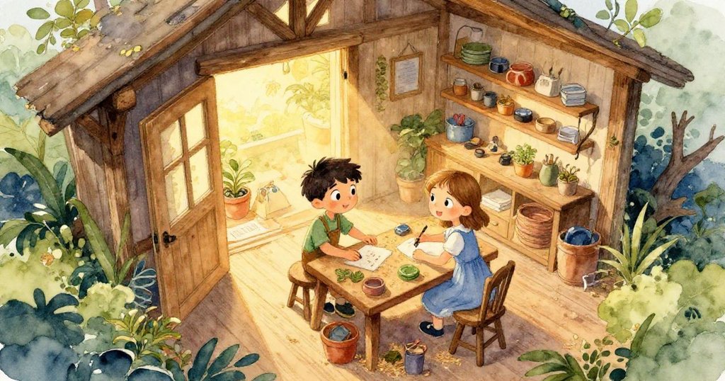 奧托與威拉在溫暖明亮的工作室中忙碌，從鳥瞰角度展現開放後院與木質細節，故事開端充滿溫馨與活力。