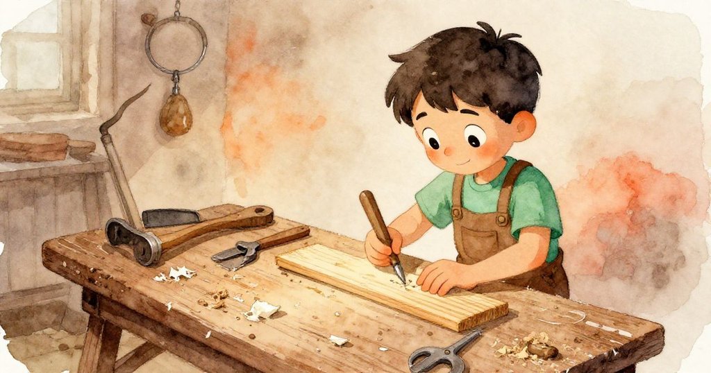 奧托在工作桌前操作木材，桌上乾漆與鋸末細節展示工作室歷史感，情節進入細膩發展階段。