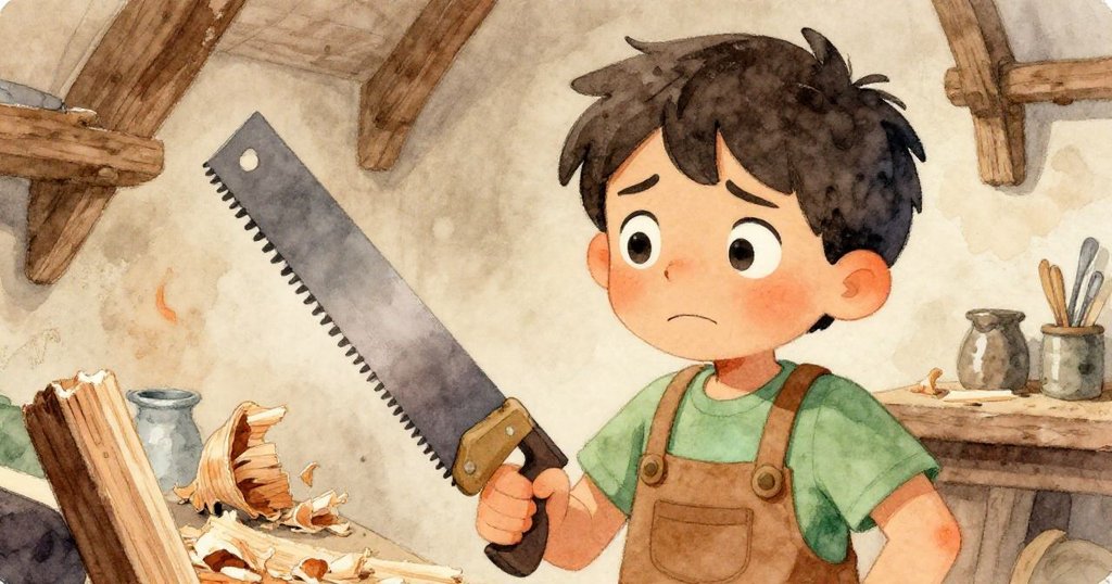 奧托在細鋸前猶豫不決，近拍展現其掙扎神情和木屑空中懸浮，情節達到內心衝突的高潮。