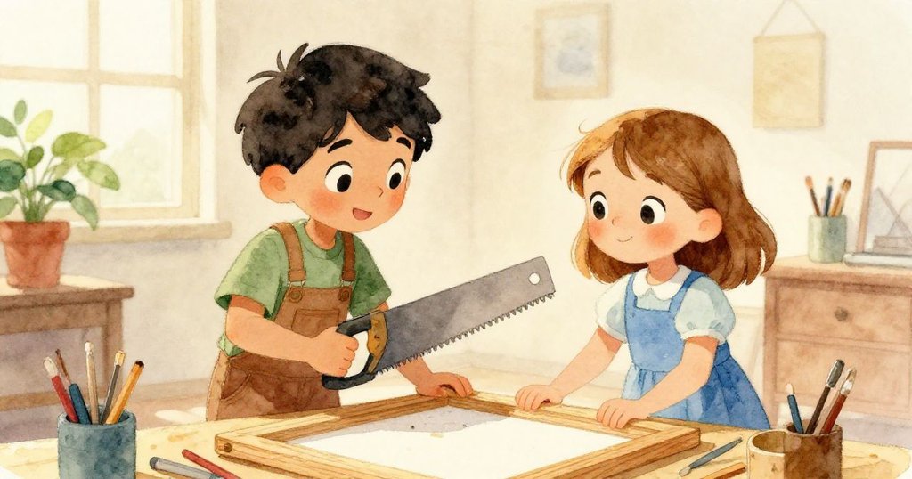 奧托與威拉在金色光中互遞鋸子，共同完成木框，臉上洋溢著團結與成功的喜悅，故事完美收官。