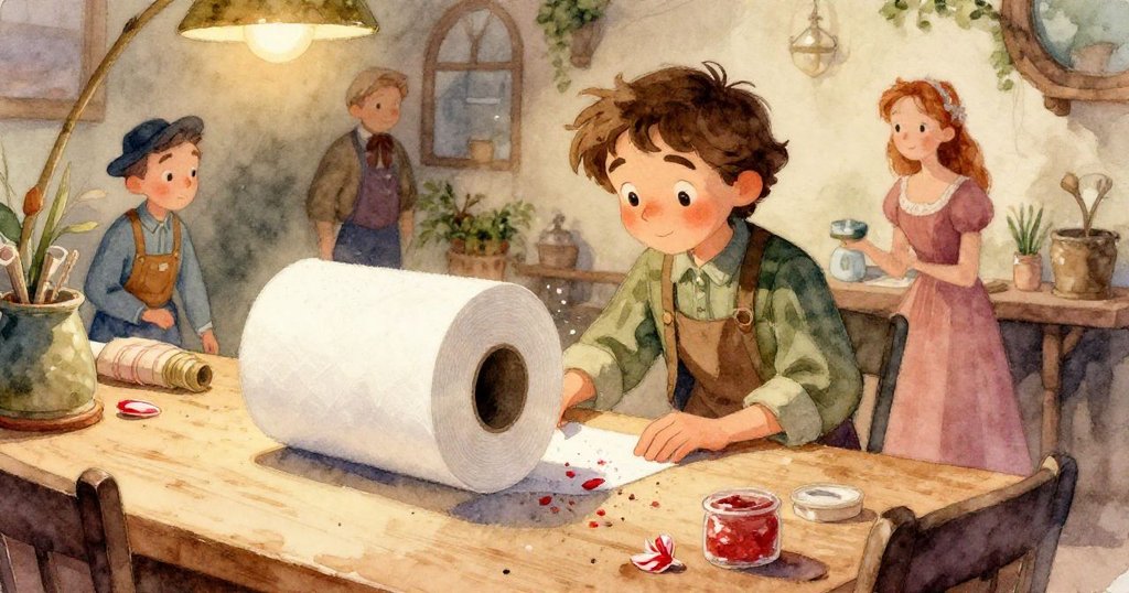 弗雷澤的雙手聚焦操作紅色絲帶，輕柔擠壓在帶點濕氣的紙捲上，展現專注與細膩動作。