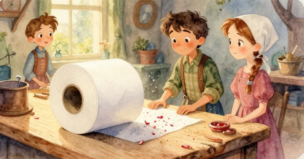 弗雷澤以第一視角檢視工作台，觀察帶黑痕的紙捲、閃亮的塑膠紙與飄散花瓣，充滿探索與謹慎。