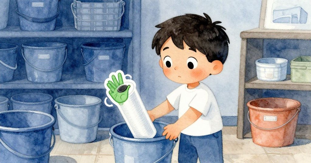 弗雷澤在溫暖收納室中整理工具，旁有水桶與綠指貼紙，空間洋溢著雨後濕潤與新希望氣息。