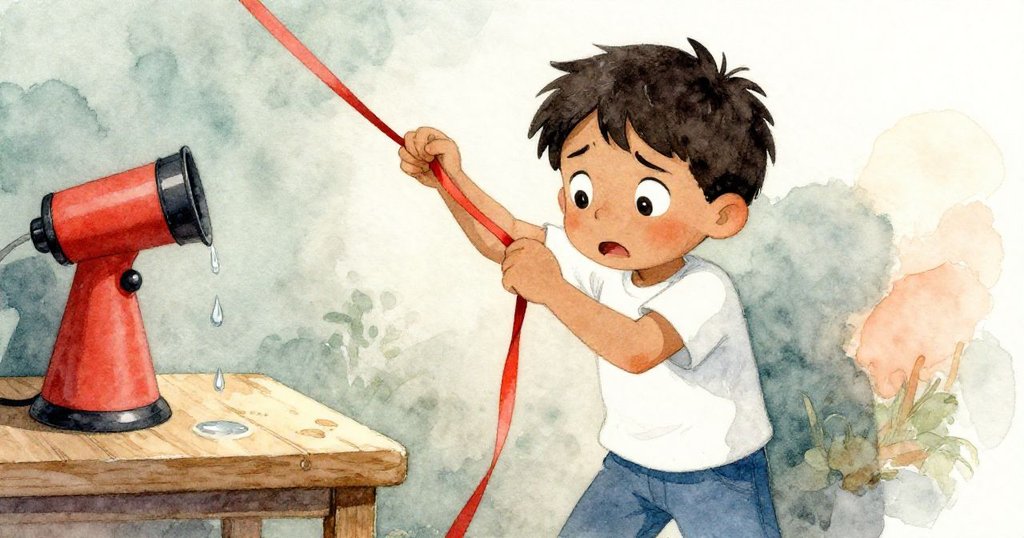 弗雷澤面露擔憂表情，中景中他努力理順被擰住的紅絲帶，旁邊噴霧器滴落水珠，氛圍緊張。