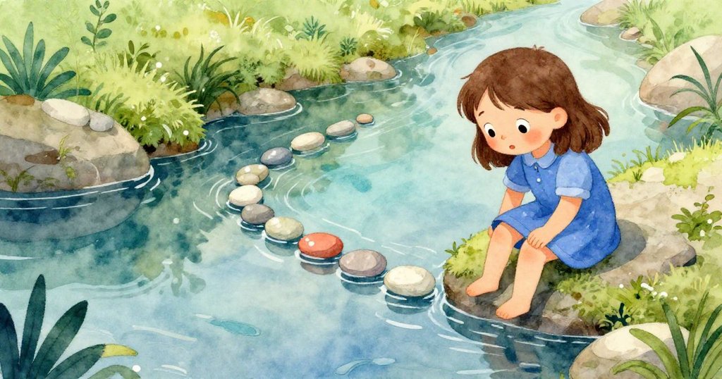 艾拉坐在溪邊,手中把玩著光滑石子,溪水反射出光與影的變化,展開充滿探險與好奇的旅程。
