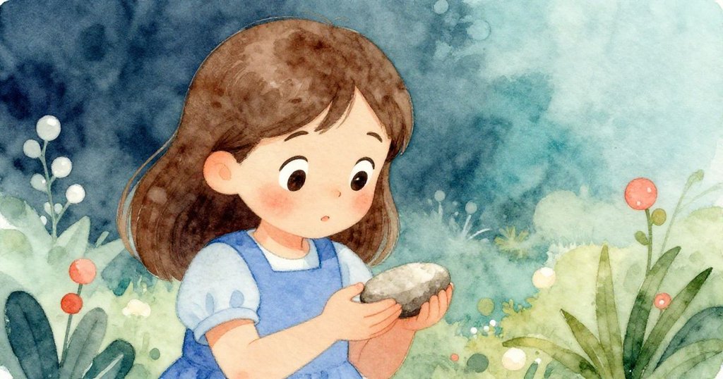 艾拉專注觀察手中圓潤石子,臉上洋溢著驚奇與柔情,背景隱約呈現溪邊自然風光。