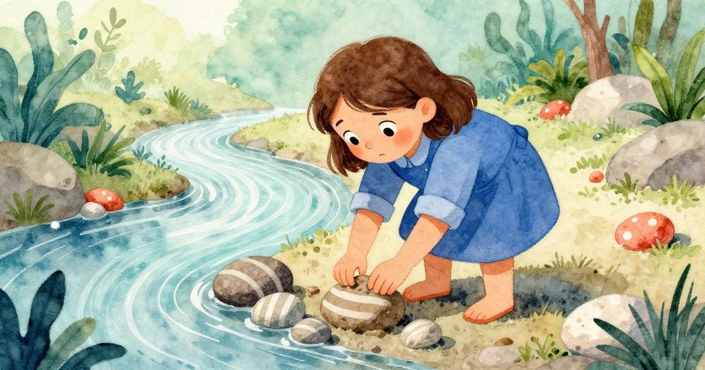 艾拉低角堅定彎腰鋪設石與泥,溪水湍急流動,展現她努力抵抗水流的決心與奮鬥。