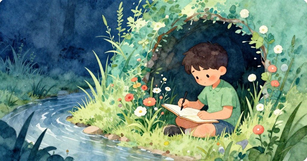 賽勒斯在隱秘溪邊角落靜心繪製野花,背景青翠與斑駁光影中流露出創作的秘密與寧靜。