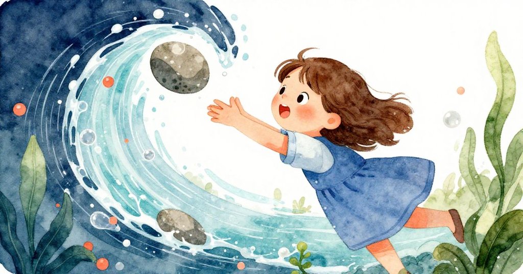 緊張瞬間艾拉急伸手取回被激流帶走的石頭,水花飛濺中流露出奮力維持堤壩的急切情緒。