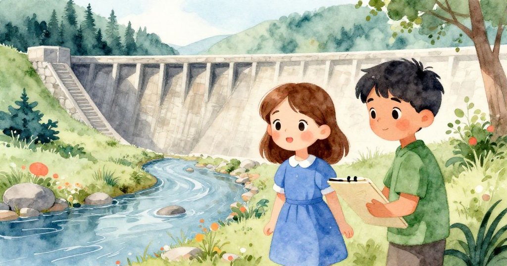 艾拉與賽勒斯在溪邊堤壩旁互相微笑,彼此支持中完成努力,溫暖午後陽光映照出團結與成就感。