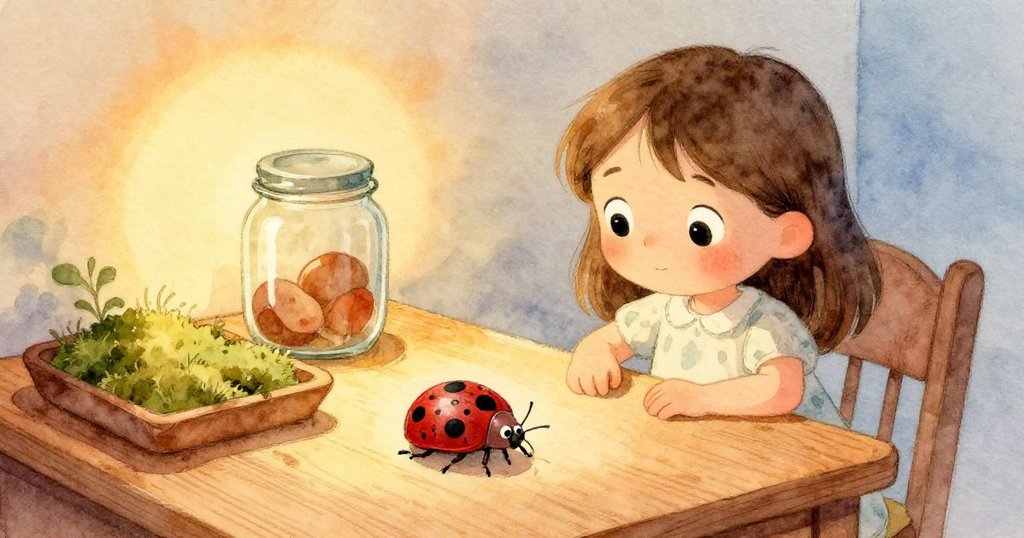 在充滿金色陽光的溫馨房間中，Gemma站在木製書桌前，觀察著在肉桂棕苔蘚托盤上緩慢爬行的小小斑點蟲，表情充滿好奇。