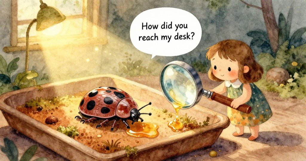 極近距離呈現那隻斑點小蟲細膩的外殼與露滴，呈現出微光閃爍的銅色光澤，神秘而細緻的自然場景。