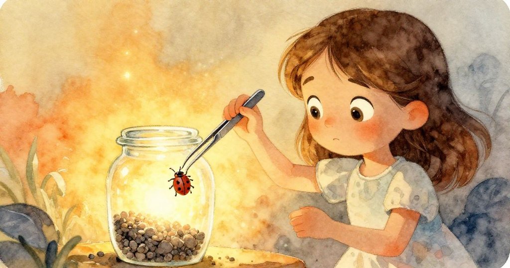 低角度觀察Gemma用細顫的鑷子將潮濕石礫放入透明的小罐中，罐子映出溫暖光芒，小蟲依附，充滿專注與驚奇。