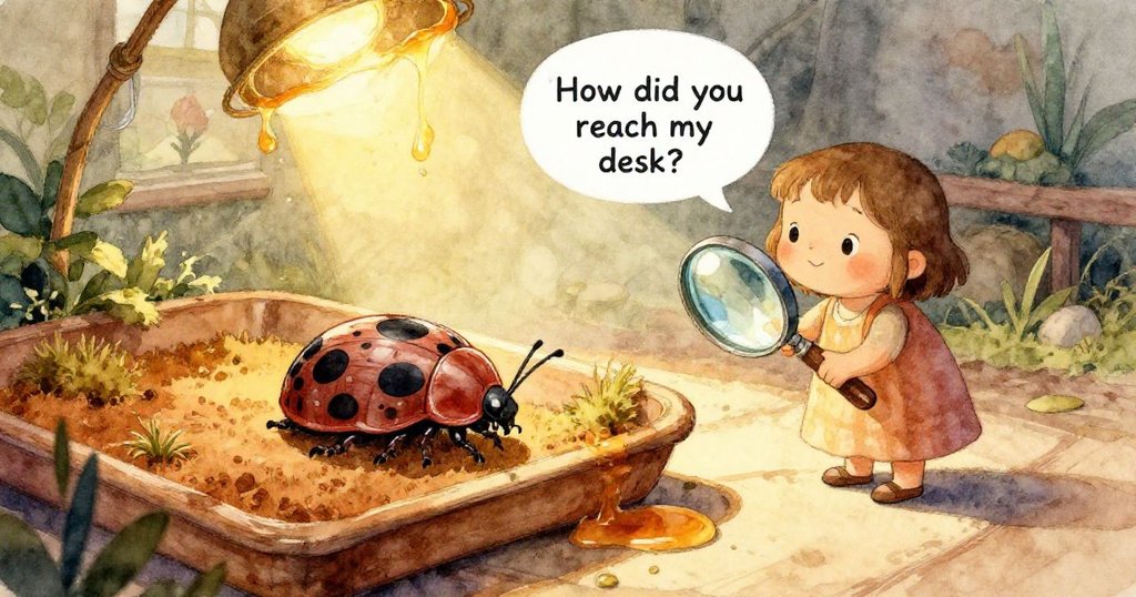 在玻璃罐內部迷霧繚繞的隱秘空間中，小蟲沿著朦朧的霧線攀爬，展現出隱藏的自然紋理與綠葉輪廓，充滿神秘感。