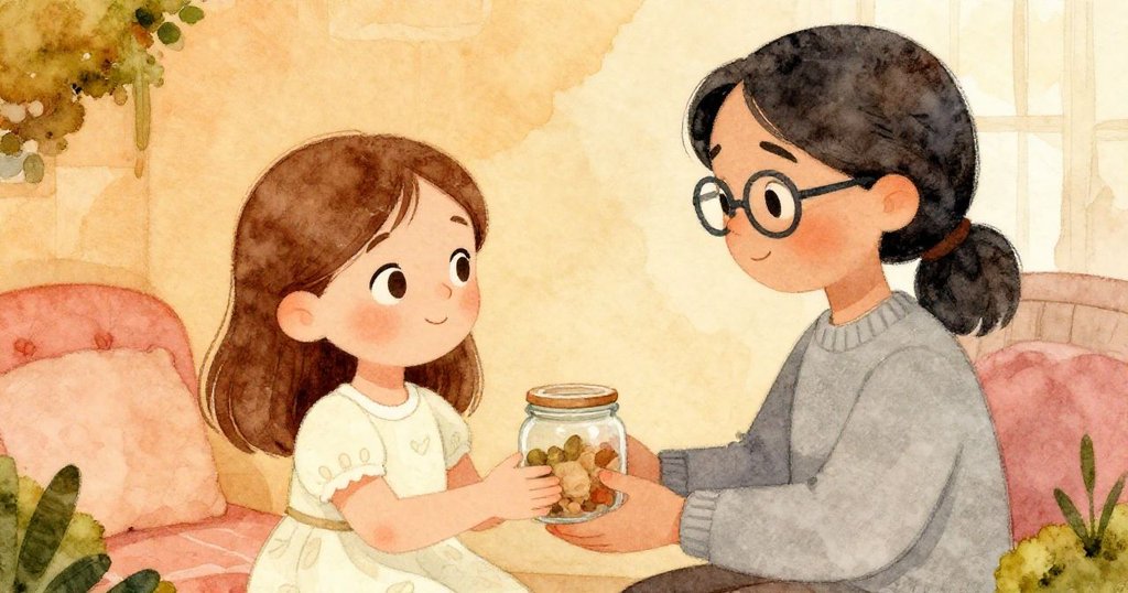 在柔和金光下，Gemma小心翼翼地將罐子遞給Lucia，兩人神情溫柔互動，背景中苔蘚托盤增添溫馨氣息，充滿信任與驚喜。