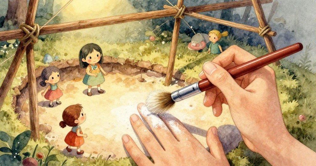 Hana細緻觸摸從刷上滑落的粉筆灰，指尖與粉末輕柔交纏，展示出探索之美與細膩質感。