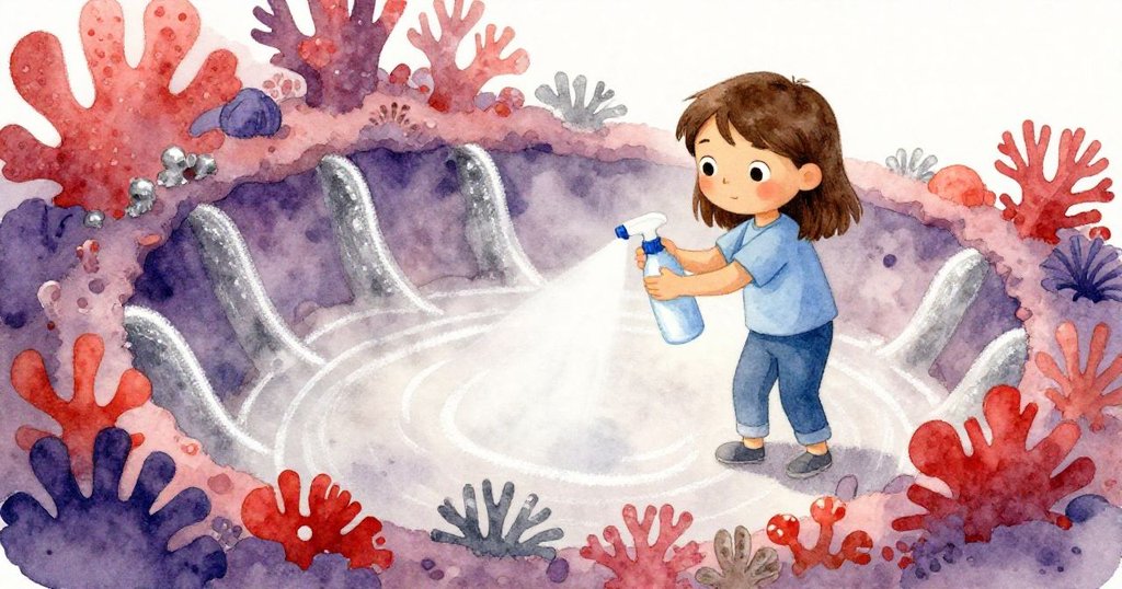 Hana低角度噴灑出淡粉區，水珠映出彎曲脊線，猶如隱藏珊瑚礁般神秘，臉上帶著驚奇神情。