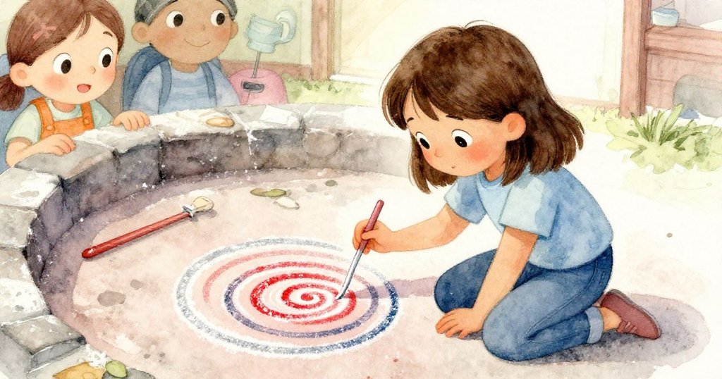 Hana跪坐坑邊，用塑料牙籤輕刮堅硬粉筆外殼，臉上專注刻畫出漩渦紋路，展現細緻修補與持續故事。