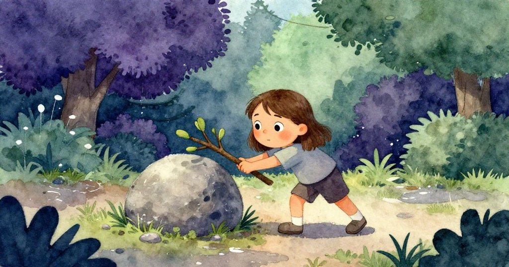 六月在潮濕的土壤中努力將細長樹枝滑入半遮的圓石下,動作專注,庭院背景中透露著希望與忙碌。