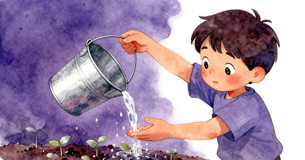 布拉姆正專注地澆灌幼苗,水滴閃爍在金屬水桶和碎石上,現場充滿溫柔與生機。