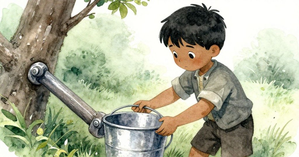 多利安蹲下穩住金屬水桶,神情專注,近距離捕捉到水花與石塊紋理,呈現細膩情緒。