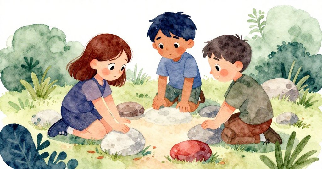 高處視角下,六月、布拉姆和多利安圍繞著石頭與工具協調合作,大家神情專注,戶外景色明亮生動。