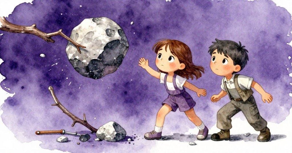 孩童們驚訝地看著石頭翻轉、樹枝彈回和工具碰撞發出響聲,場景充滿動感與緊張氣氛。