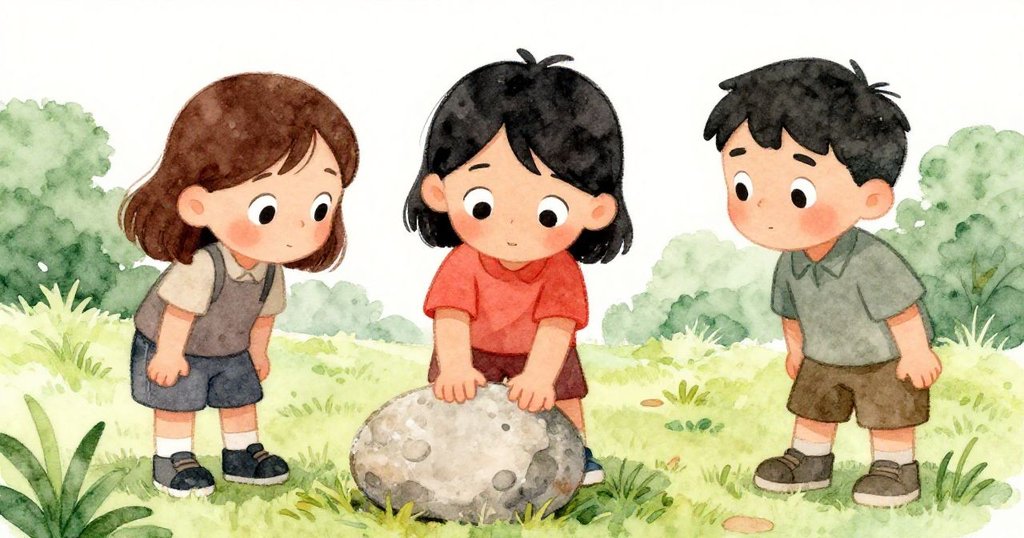 六月穩定地放下大石,與布拉姆和多利安共同合作完成任務,臉上流露出釋然與希望,場景寧靜溫暖。