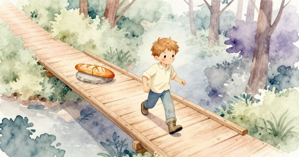 拉爾斯在森林上空從搖晃的木橋出發，其旁石頭上放著綁著棉布的麵包，表情堅定，晨光溫暖。