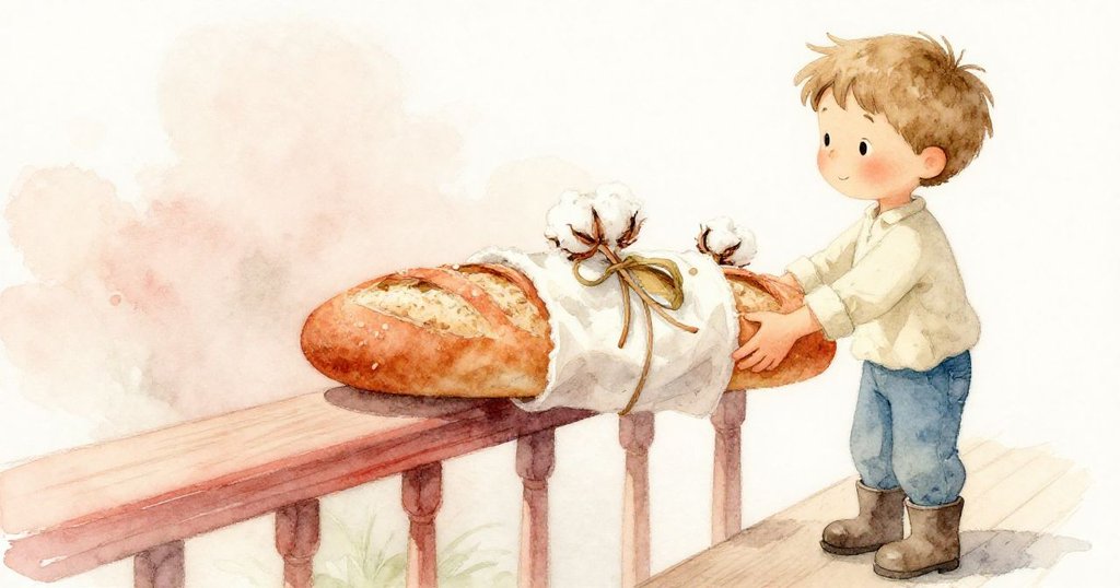 拉爾斯專注握著綁麵包的棉布，細膩展現木欄杆與晨露紋理，流露出對旅程的期待與謹慎。