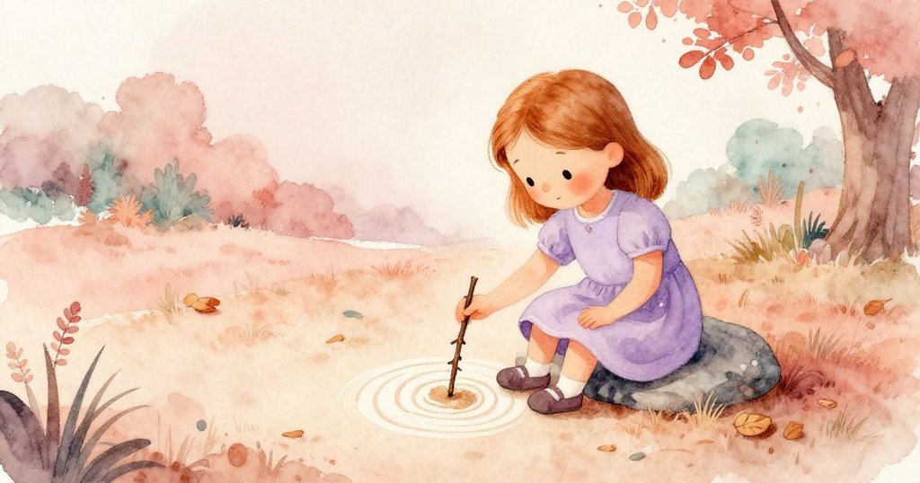 芙麗達安坐在遠石上，用小樹枝於塵土中輕輕畫圈，陽光灑落下流露出平靜與期待的遊戲心情。