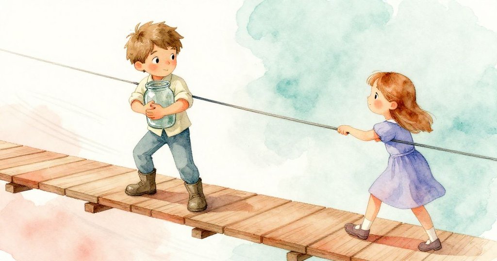 拉爾斯急步穿越傾斜木板，緊抱玻璃瓶，芙麗達奮力拉扯欄杆，動感軌跡彰顯冒險與危機時刻。