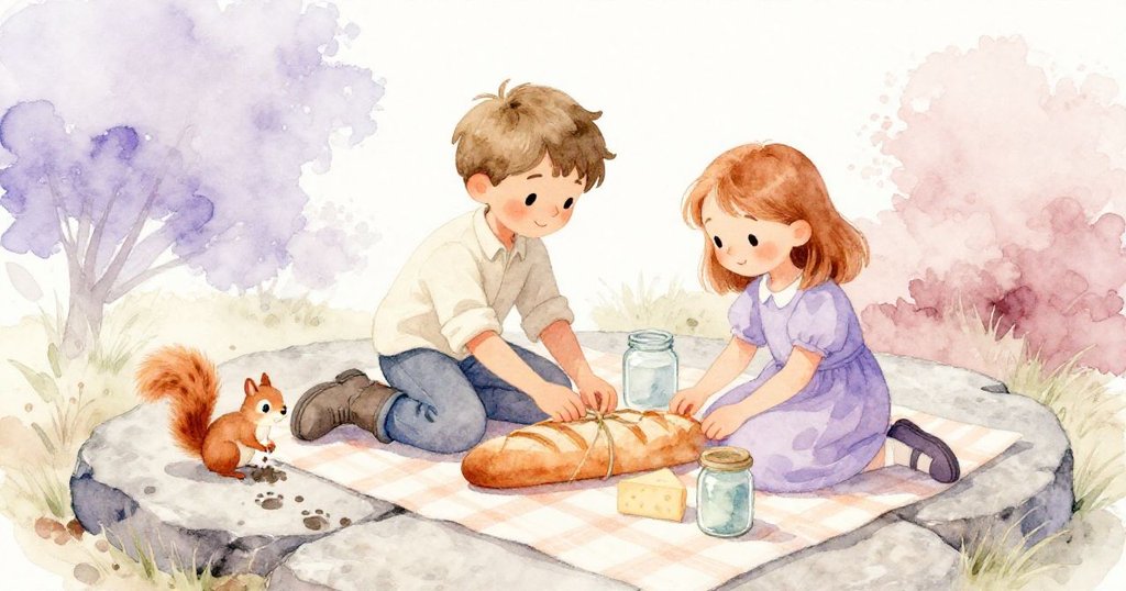 拉爾斯與芙麗達在石上整理野餐食物，旁邊小松鼠在泥跡邊嬉戲，陽光柔和，象徵冒險完滿圓滿結局。