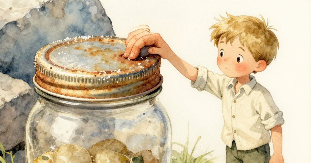 Erik緊握著罐子,仔細扭動沾滿糖銹的蓋子,展現物品細節與溫暖光影