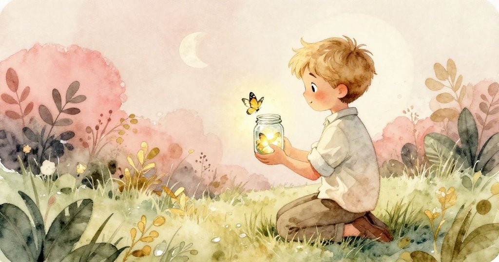 Erik背影出現在草地上,專注觀察罐中發光蝴蝶,夜色與花影交織,充滿驚奇與溫柔
