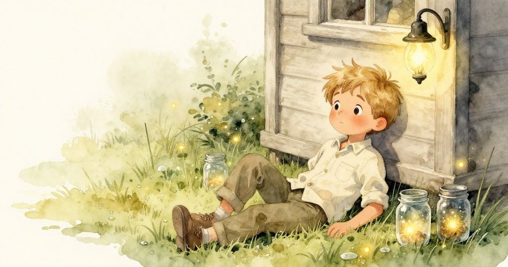 Erik安坐在露台旁潮濕草坪上,罐子安穩於旁,蟲光閃爍中展現出夜晚平和的尾聲