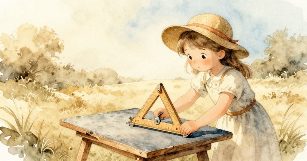 阿爾瑪在戶外平台上低帽調整木製量角器，石板上淡色粉筆弧線呈現，她神情專注，場景充滿溫暖光線與悠然氣息。