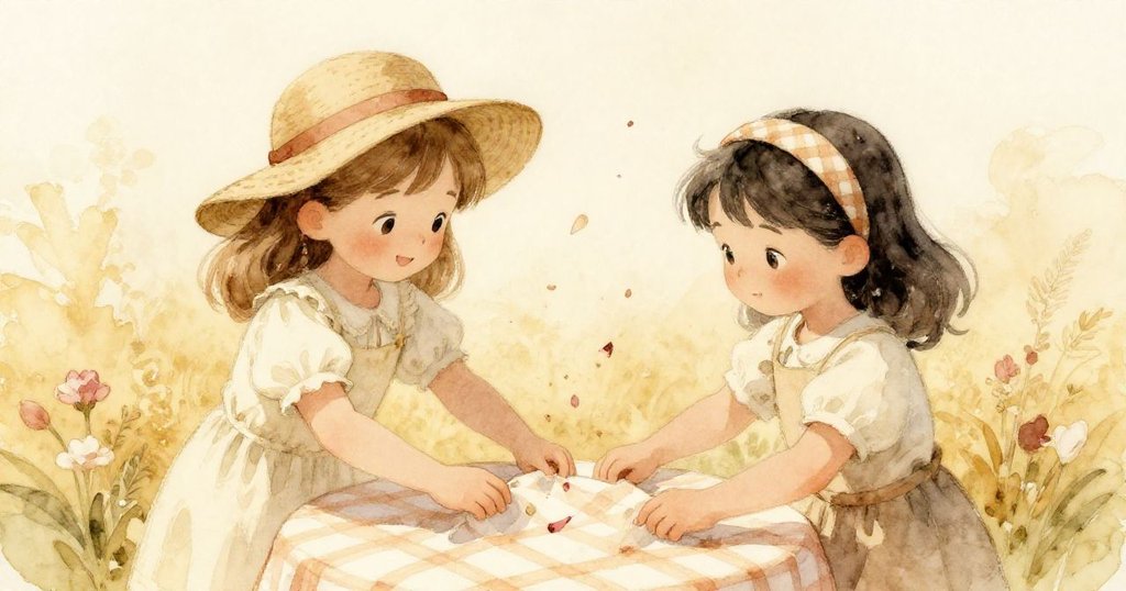 阿爾瑪與格溫共同搖晃格子桌布釋放花瓣與碎屑，雙雙展露溫暖協作，滿溢懷舊金色柔光。