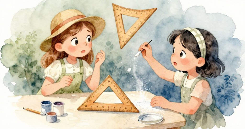 格溫驚慌撿起跌落的木製量角器，阿爾瑪急忙以粉筆塵修補轉軸，場景充滿緊張並蘊藏解決希望。