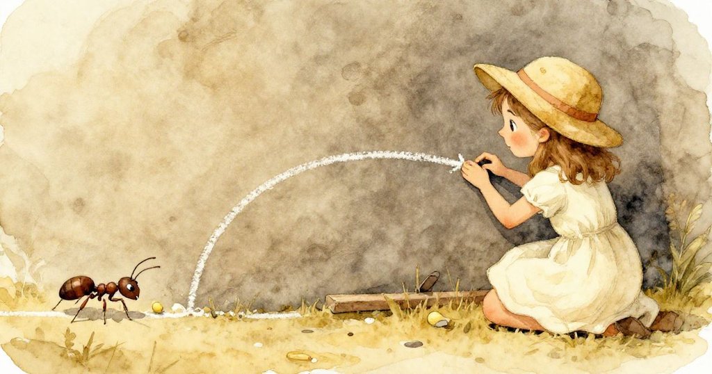 阿爾瑪平靜重繪石板上精緻粉筆弧線，小螞蟻拖著黃色粉筆碎片緩行，最終畫面洋溢寧靜與完成感。