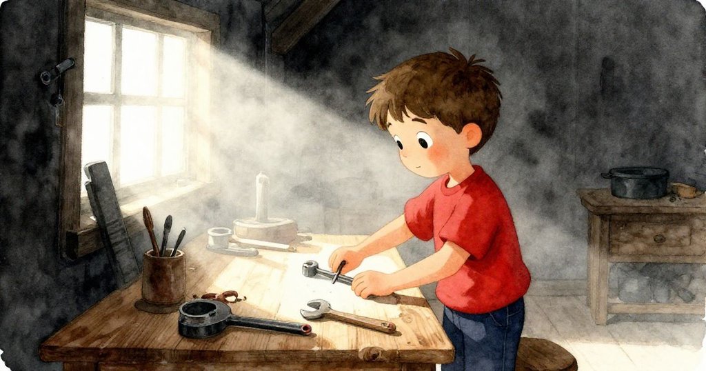 艾米爾在霧氣繚繞的車間中準備工具,桌上擺著松木條與砂紙,神情專注展現創作起始的期待。