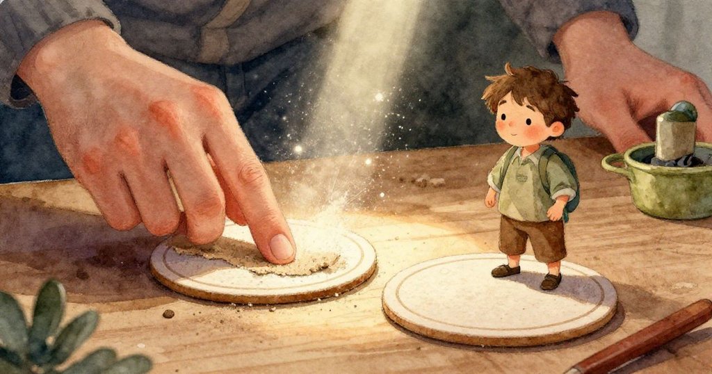 艾米爾專注地用手將蠟塊倒入金屬蠟罐,明亮光束映出細膩質感,流程進入細節展現。