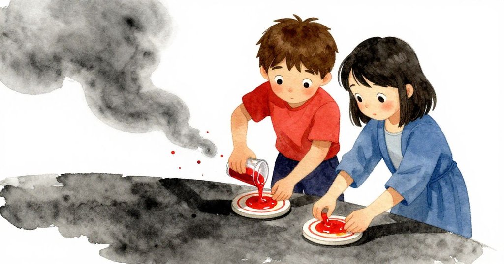 艾米爾與弗恩協作倒蠟,蠟珠沿杯墊滑動,兩人表情充滿喜悅,展現創作高潮與動感。