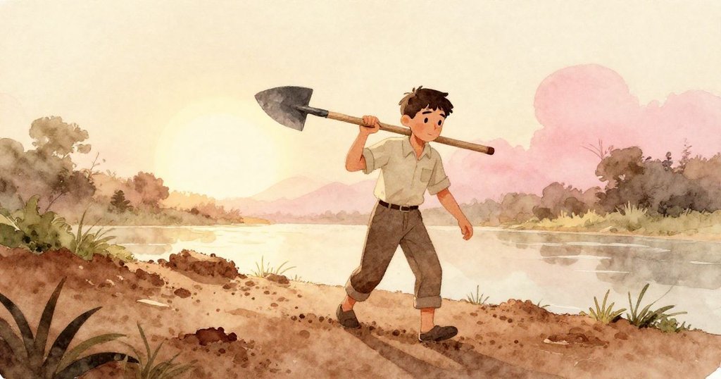 格里爾在晨光中到達泥土斑駁的岸邊，腳印散落在濕潤的地面上，展現出故事開端的期待和希望。