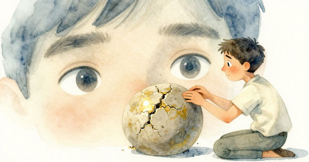 格里爾的眼神專注凝視著濕潤黏土中一道明亮裂縫，展現出他細心檢查與計劃的情緒發展。