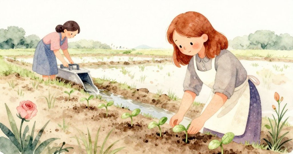 在柔和午後光線下，嫩苗在水邊微垂，霍普在遠處輕舉手勢照料水閘，展現出季節變換中溫柔守護的情景。