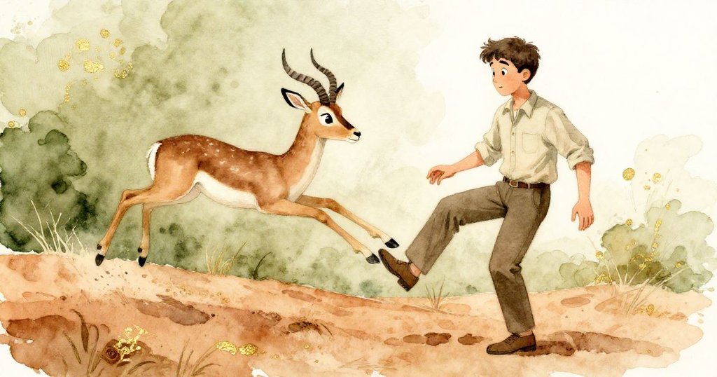 在溫暖陽光映照下，格里爾修補黏土時木製羚羊突然甩動輕擊他的膝蓋，展示了劇情高潮中驚訝與動感的瞬間。