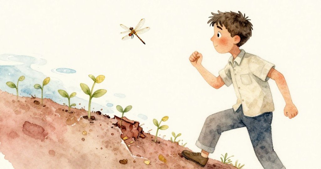 格里爾滿懷平靜欣慰地退後觀看修補成功的泥岸，嫩苗挺拔，蜻蜓在水面輕舞，象徵著情節平穩收尾。