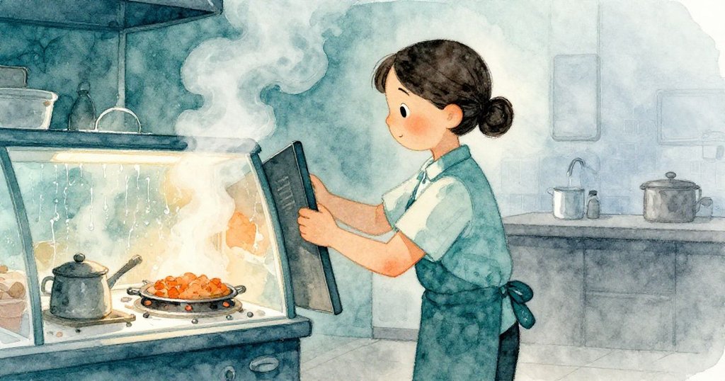 店員調整側板,背景烤箱冒出蒸氣,冷風引動玻璃上霧滴如舞動般揚起,場景充滿動態柔和光線。